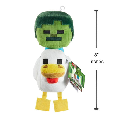Sizing graphic for the Minecraft Chicken Jockey plush showing it standing upright, indicating a total height of 8 inches.