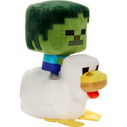 Side profile view of the 8-inch Minecraft Chicken Jockey plush, featuring a blocky green Baby Zombie riding on the back of a white chicken.