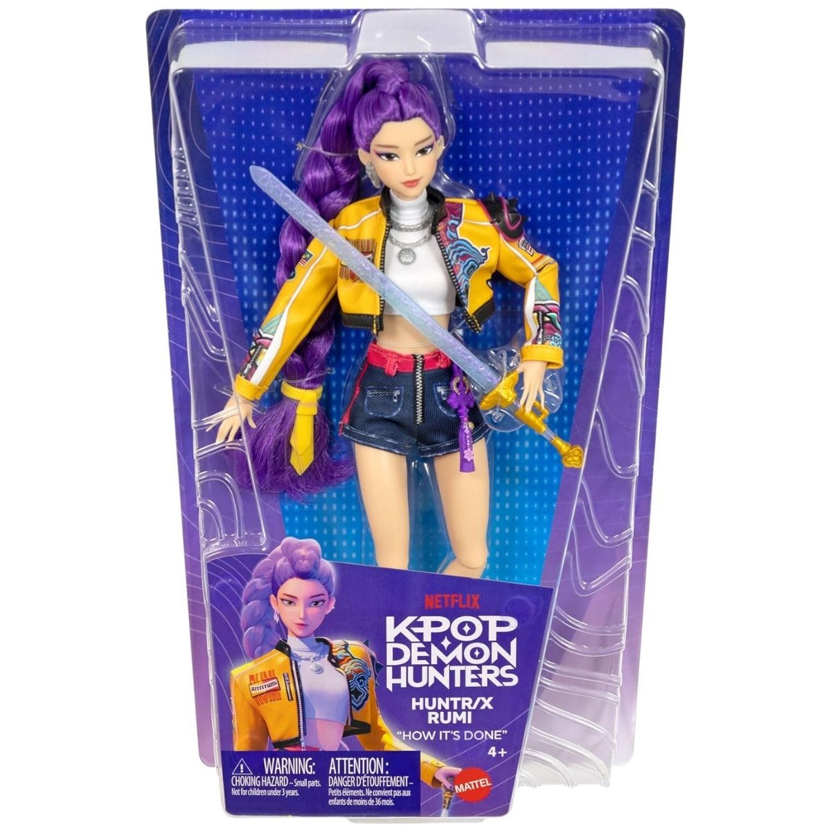 The K-Pop Demon Hunter Core Rumi fashion doll securely presented inside its official purple and blue Mattel window box packaging.