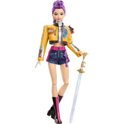 K-Pop Demon Hunter Core Rumi 12-inch fashion doll dressed in a yellow cropped jacket and purple ponytail holding her spirit sword.