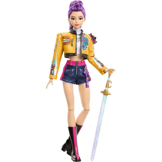 K-Pop Demon Hunter Core Rumi 12-inch fashion doll dressed in a yellow cropped jacket and purple ponytail holding her spirit sword.