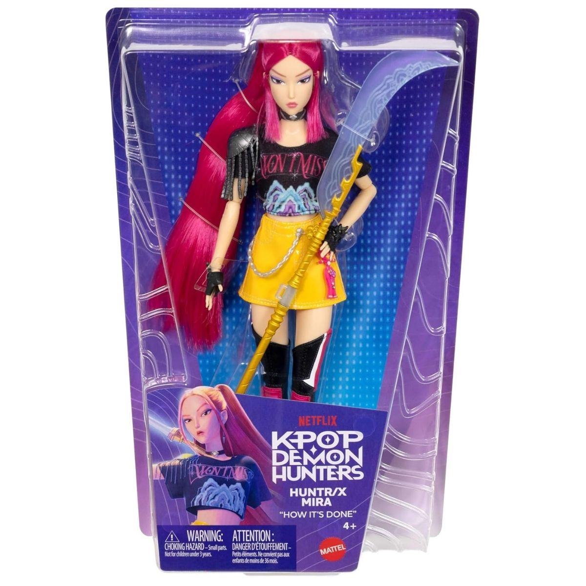 Packaging thumbnail of the Mira K-Pop Demon Hunters fashion doll inside its purple window display box.