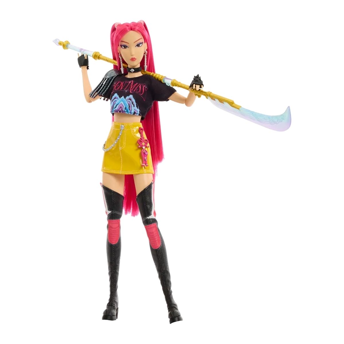 K-Pop Demon Hunter Core Mira 12-inch fashion doll standing in a battle pose holding a gold and blue blade weapon, wearing magenta hair, a black graphic shirt, and a yellow mini skirt.