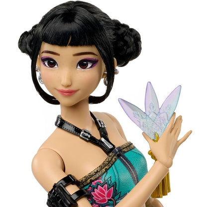 A close-up shot of the 12-inch Zoey fashion doll showcasing her signature black space buns up-do and holding a translucent purple spirit blade accessory.