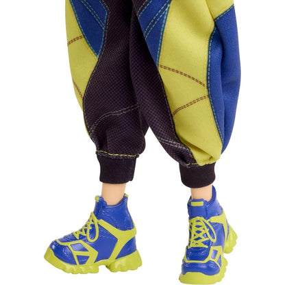 Close-up view of the K-Pop Demon Hunter Zoey doll's chunky blue and neon yellow high-top sneakers and patterned pant cuffs.