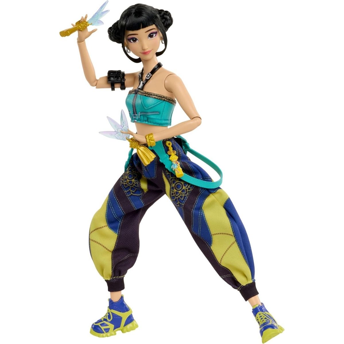 The articulated 12-inch K-Pop Demon Hunter Zoey doll in a dynamic martial arts battle stance wielding her dual Spirit Blades.