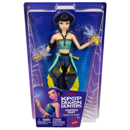 The K-Pop Demon Hunter Core Zoey fashion doll securely presented inside its official purple and blue Mattel window box packaging.