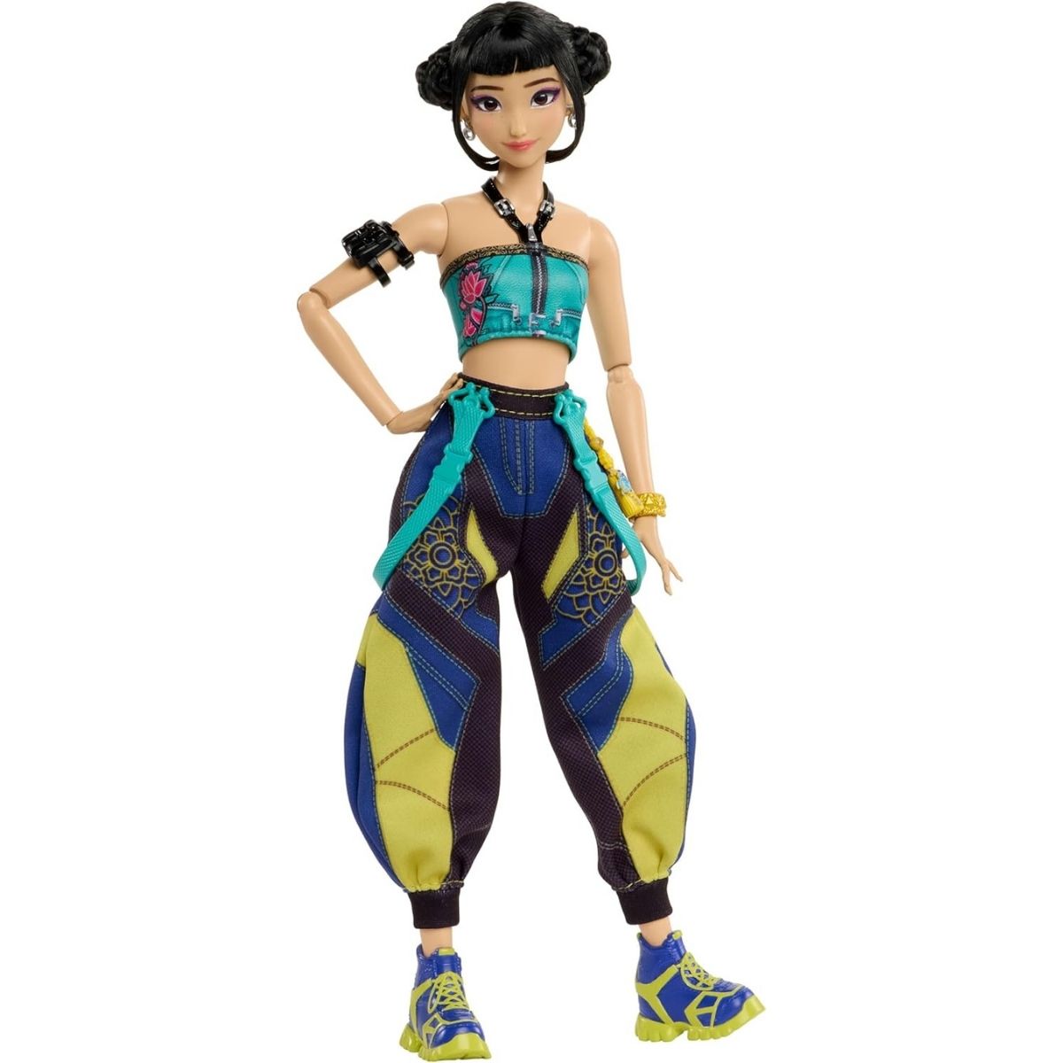 K-Pop Demon Hunter Core Zoey 12-inch fashion doll dressed in a teal crop top and neon green baggy pants against a white background.