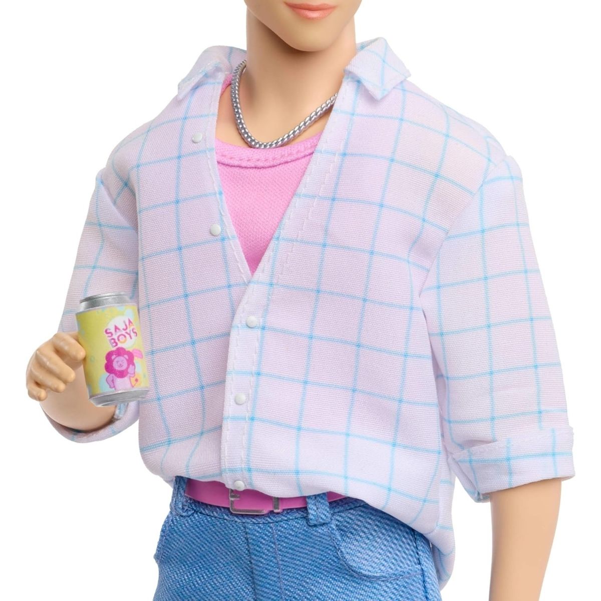 Close-up view of the K-Pop Demon Hunter Jinu doll's upper body holding his signature character pop soda can accessory.