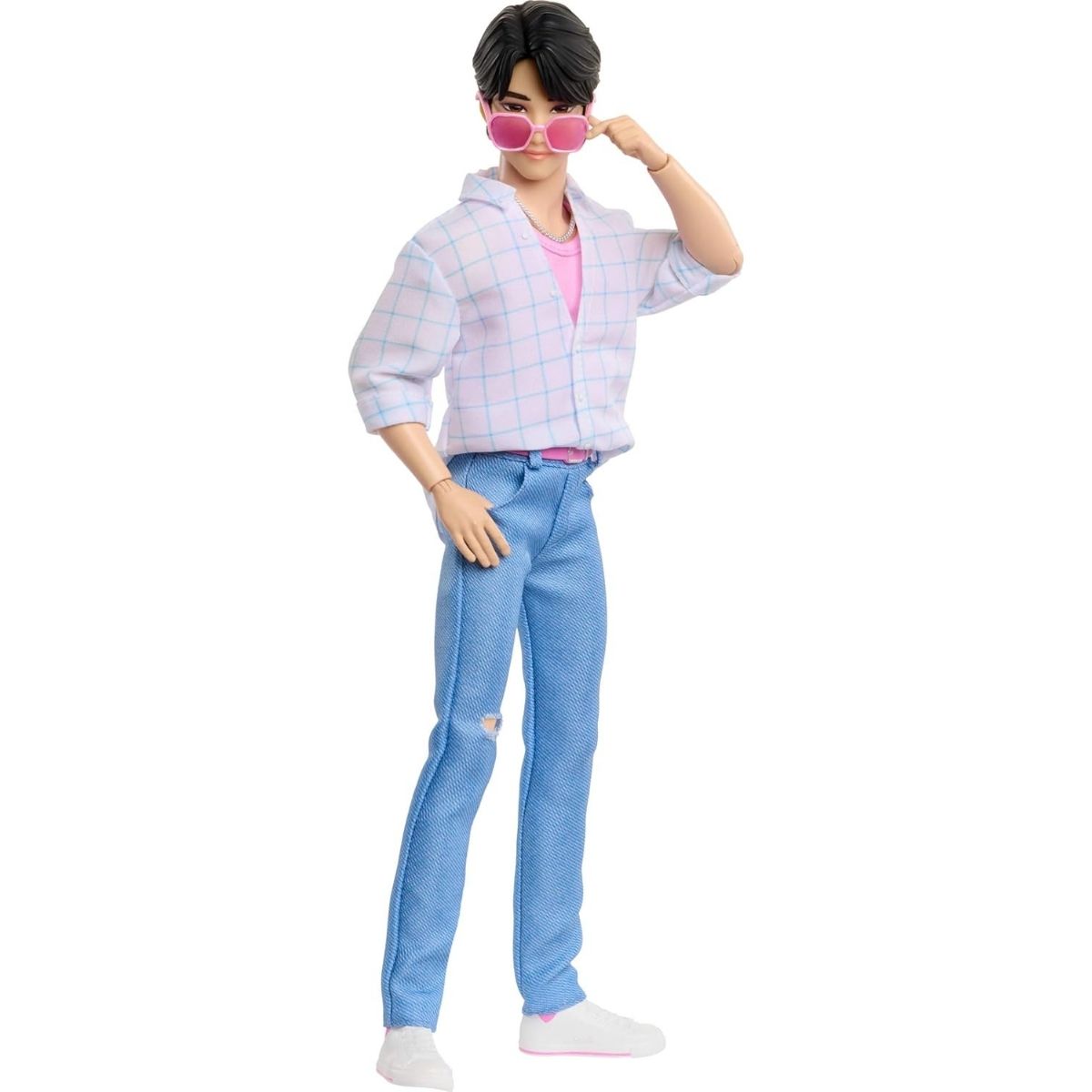 The articulated 12-inch K-Pop Demon Hunter Jinu doll wearing hot pink sunglasses in a dynamic walking pose.