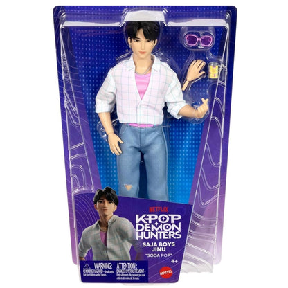 The K-Pop Demon Hunter Core Jinu fashion doll securely presented inside its official purple and blue Mattel window box packaging.