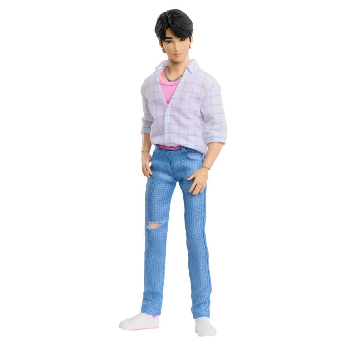 K-Pop Demon Hunter Core Jinu 12-inch fashion doll dressed in ripped skinny jeans and a checkered shirt against a white background.