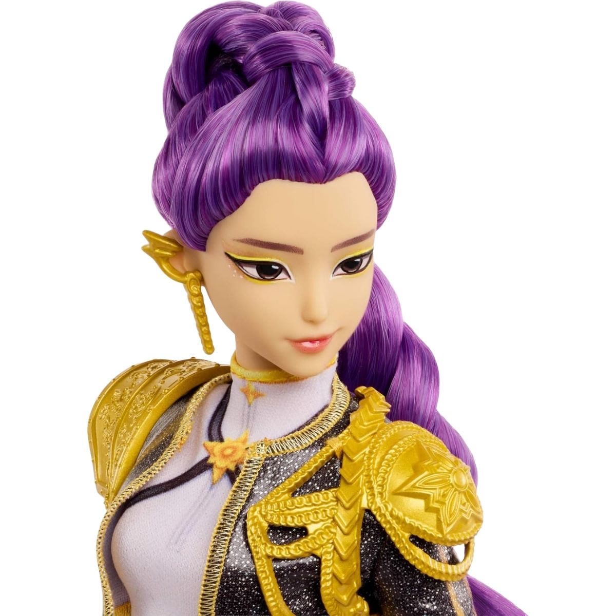 Close-up portrait view thumbnail of the Rumi singing doll featuring her high purple ponytail, dramatic eyeliner, gold drop earring, and gold shoulder armor.