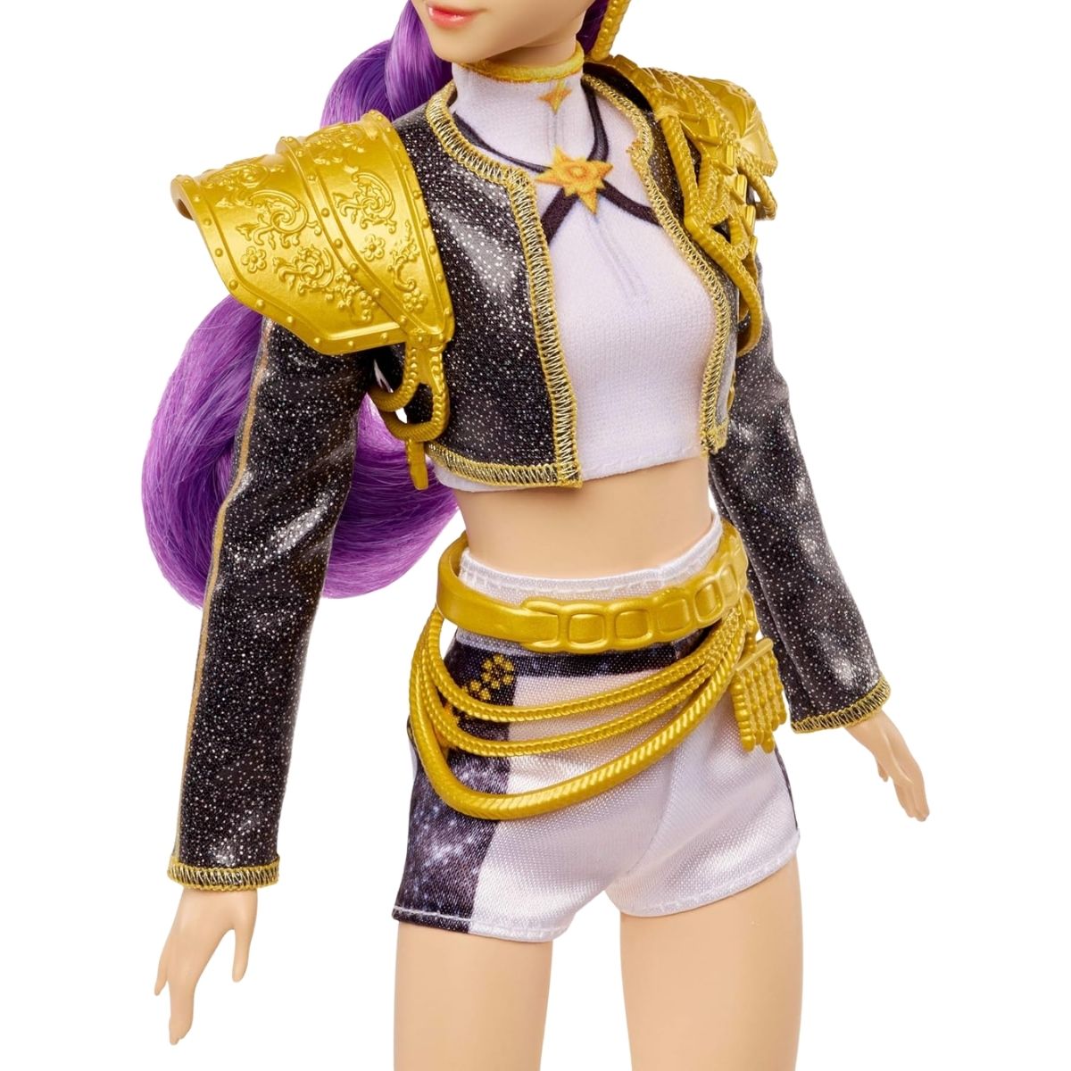 Torso detail view thumbnail of Rumi's "Golden" performance outfit showcasing her black metallic jacket, white top, and gold belt chains.
