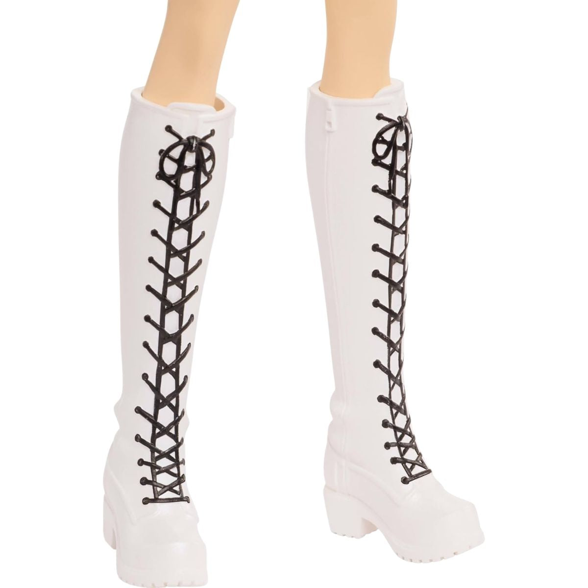 Detail thumbnail of Rumi's knee-high white boots with black front lacing.