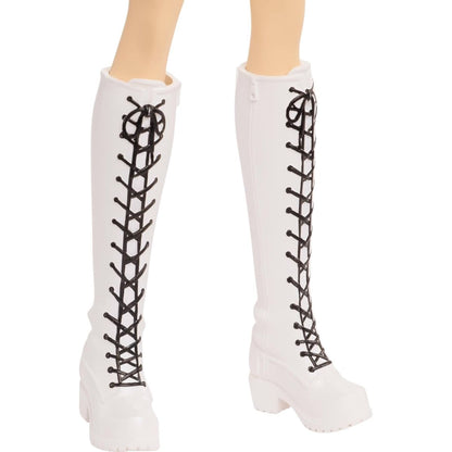 Detail thumbnail of Rumi's knee-high white boots with black front lacing.
