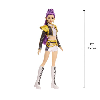 Full body front view thumbnail of the Rumi singing doll standing next to an 11-inch height measurement graphic indicator.