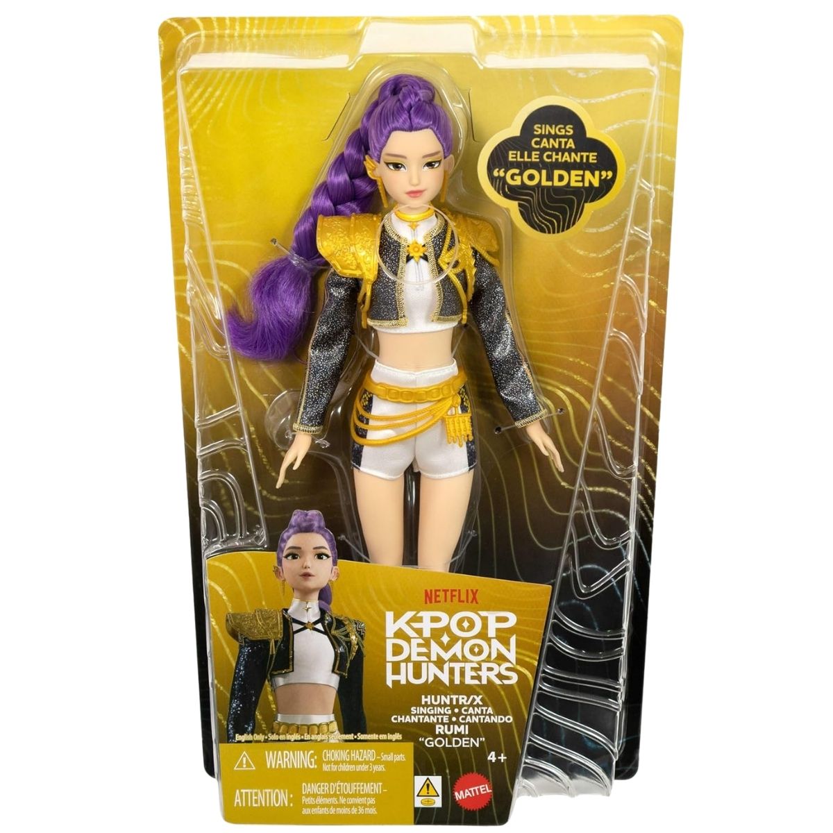 Packaging thumbnail displaying the Rumi "Golden" singing doll packaged inside her yellow and black HUNTR/X window display box.