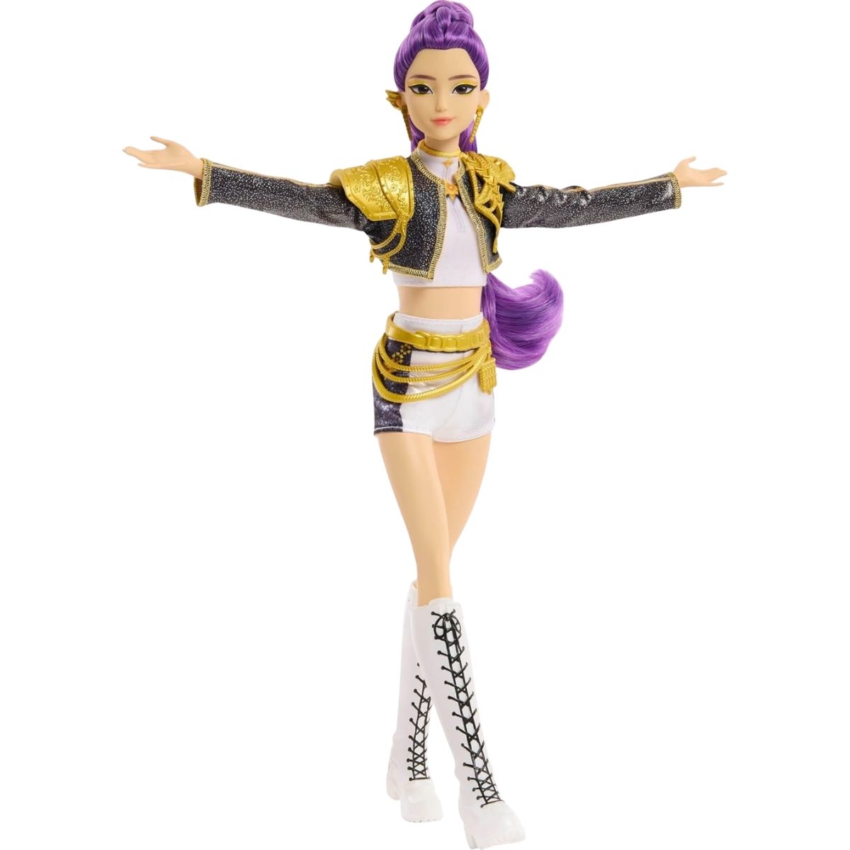 K-Pop Demon Hunter HUNTR/X Rumi "Golden" singing fashion doll standing in an open-arm stage pose wearing a black jacket with gold epaulets, white shorts, and tall white boots.