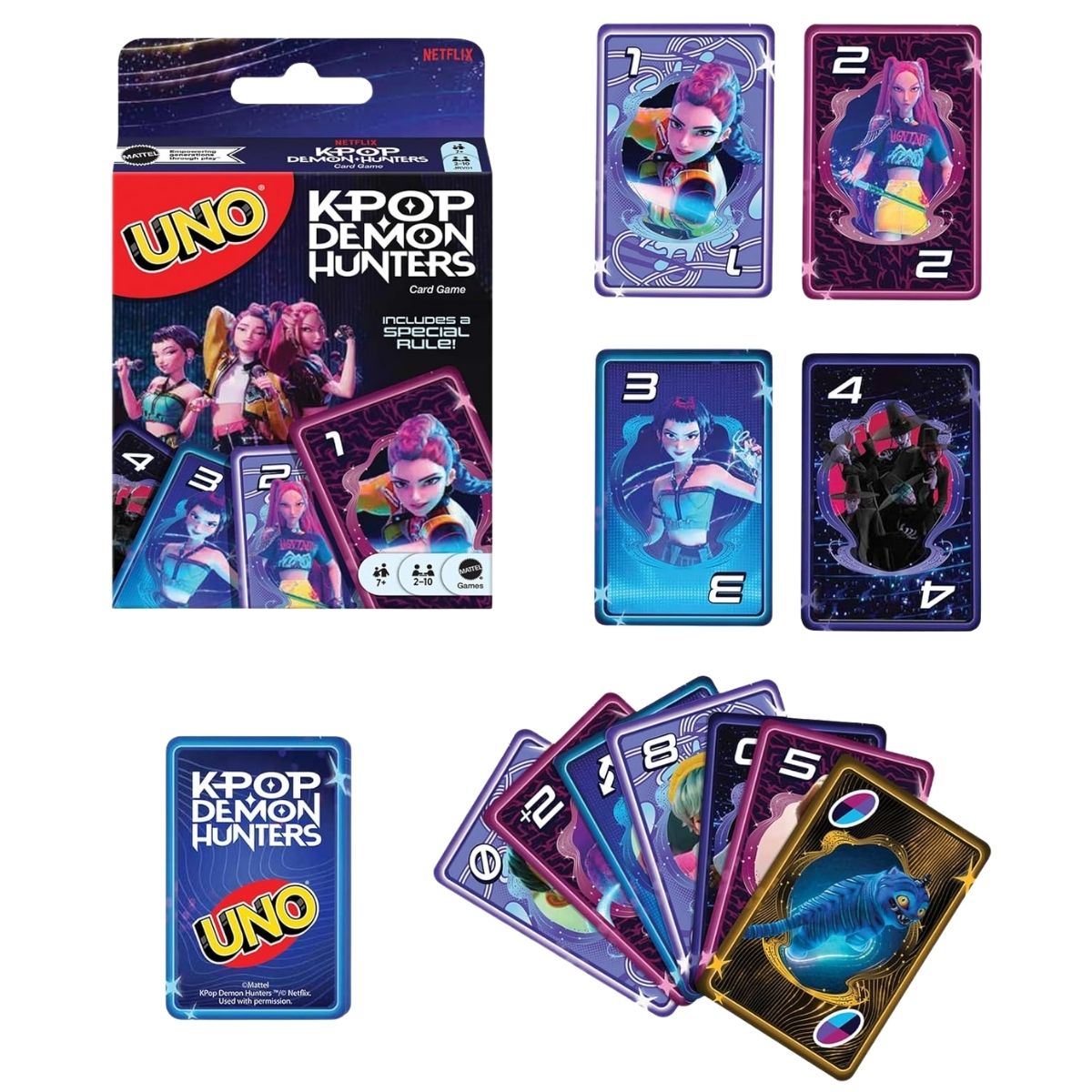Product set thumbnail showing the UNO K-Pop Demon Hunters game box surrounded by various character card piles and wild cards.