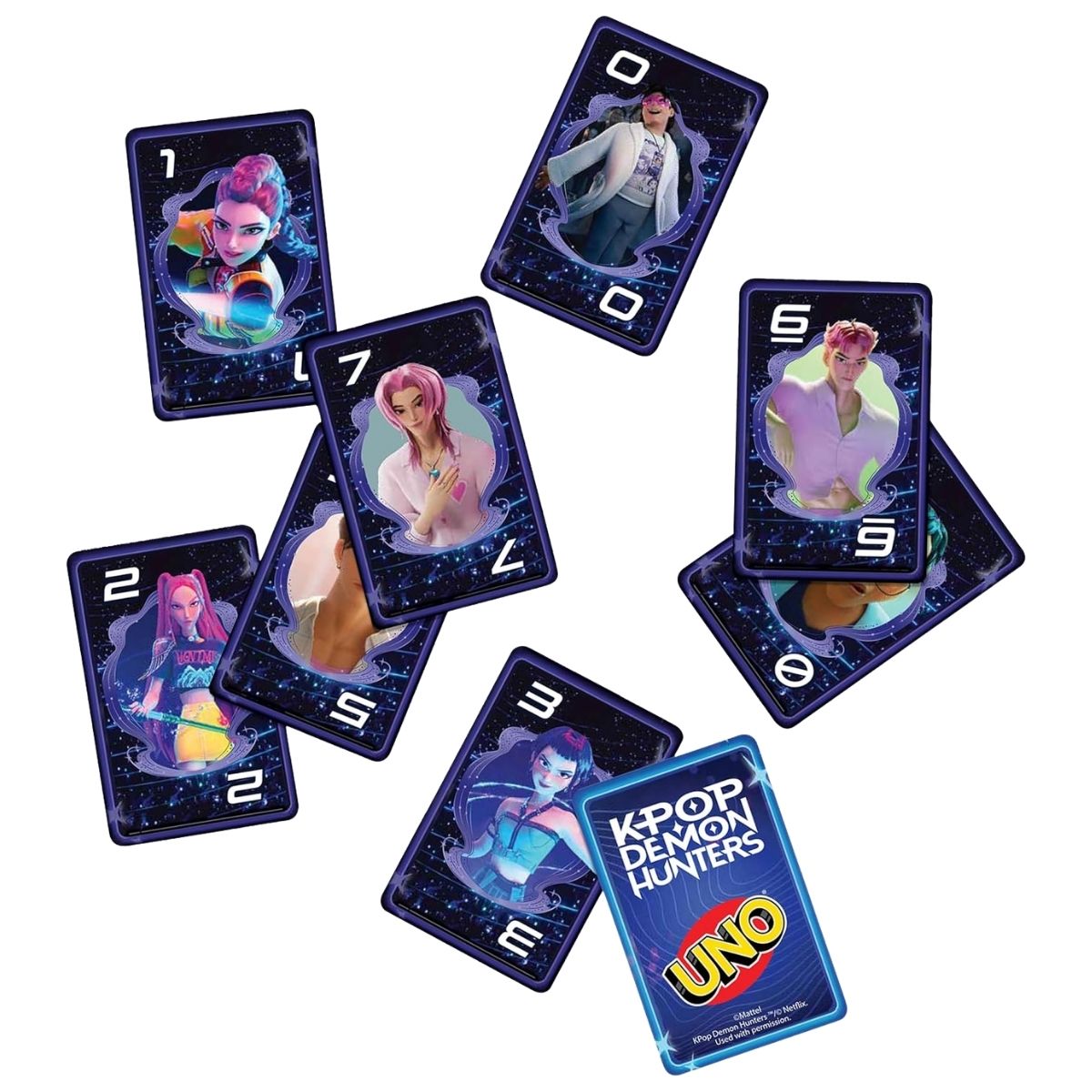 Fanned-out deck display thumbnail showcasing individual numbered cards featuring K-Pop Demon Hunter characters.