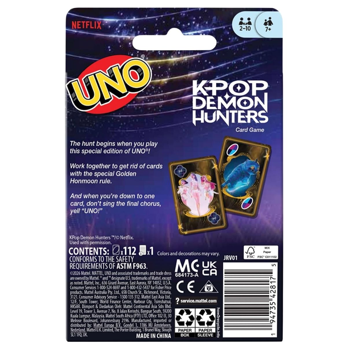 Back cover thumbnail of the UNO K-Pop Demon Hunters card game box displaying game rules and feature highlights.
