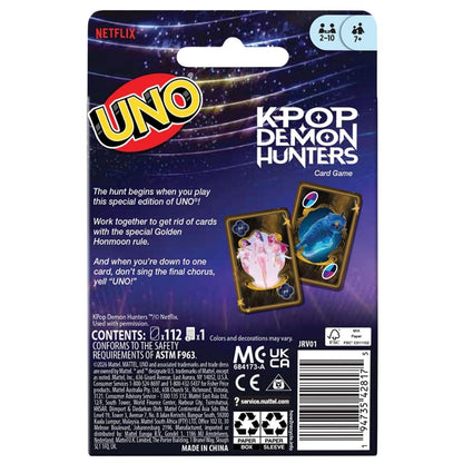 Back cover thumbnail of the UNO K-Pop Demon Hunters card game box displaying game rules and feature highlights.