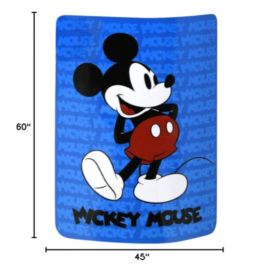 Sizing graphic for the Mickey Mouse blanket showing the full vibrant blue character design, indicating a total size of 45 inches wide by 60 inches long.