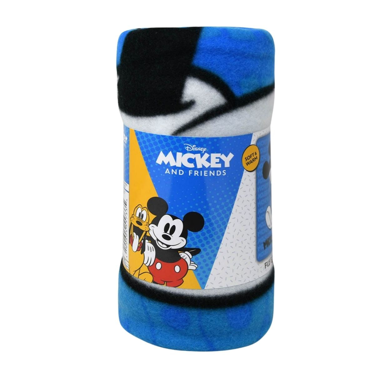 Close-up view of the rolled-up Disney Mickey Mouse fleece throw blanket showing its soft blue texture and the printed Mickey and Friends packaging band.