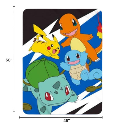 Dimension graphic showing the Pokémon starters fleece throw blanket measuring 45 inches wide by 60 inches tall.