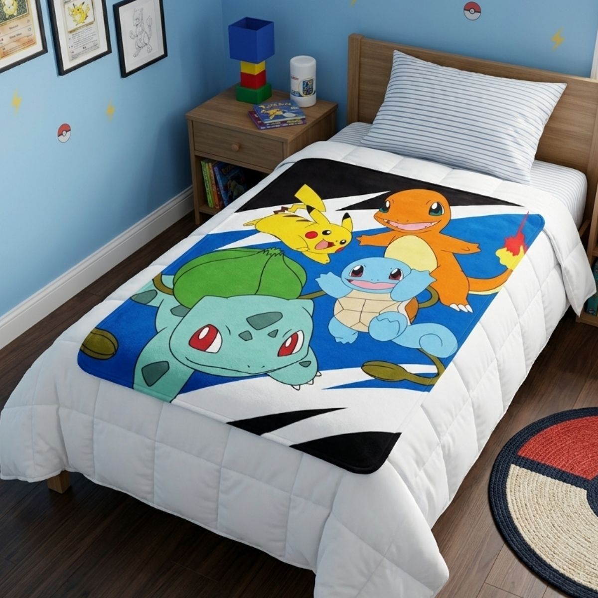 Lifestyle bedroom shot showing the Pokémon characters blanket draped beautifully over a bed.