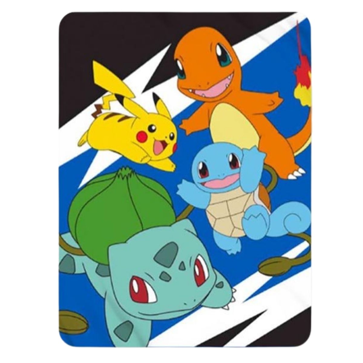 Full flat view of the Pokémon fleece blanket featuring Pikachu, Charmander, Squirtle, and Bulbasaur on a dynamic black, white, and blue striped background.