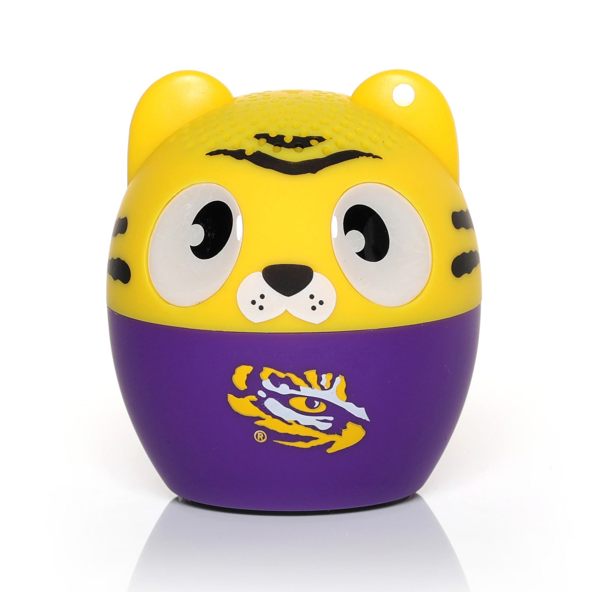 Front view of the Bitty Boomers NCAA LSU Tigers mini Bluetooth speaker featuring a cute yellow tiger face and a purple base with the official LSU logo.