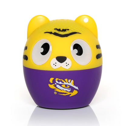 Front view of the Bitty Boomers NCAA LSU Tigers mini Bluetooth speaker featuring a cute yellow tiger face and a purple base with the official LSU logo.