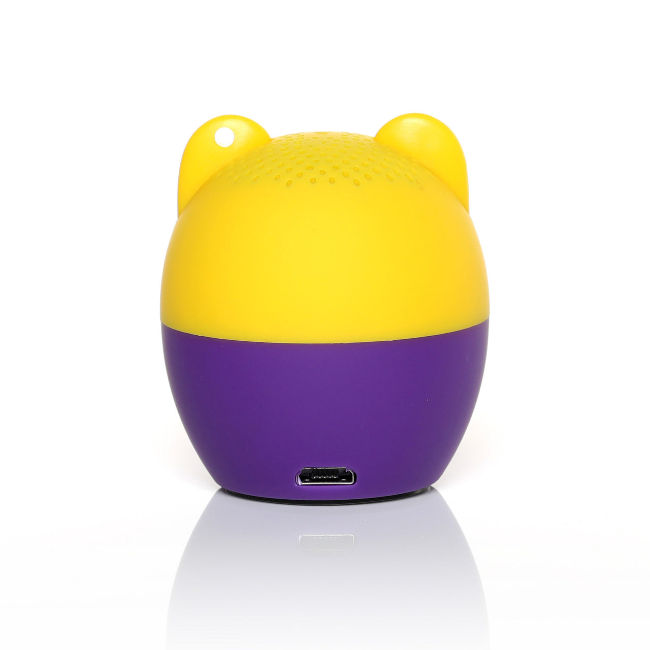 Back view of the Bitty Boomers LSU Tigers mini speaker showing the smooth yellow and purple design and lower charging port.
