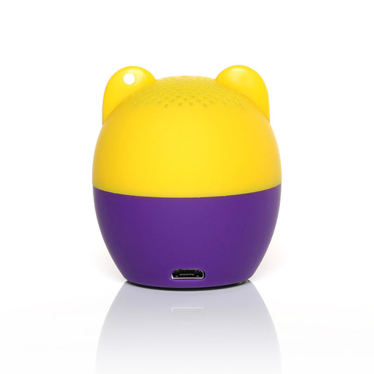 Back view of the Bitty Boomers LSU Tigers mini speaker showing the smooth yellow and purple design and lower charging port.