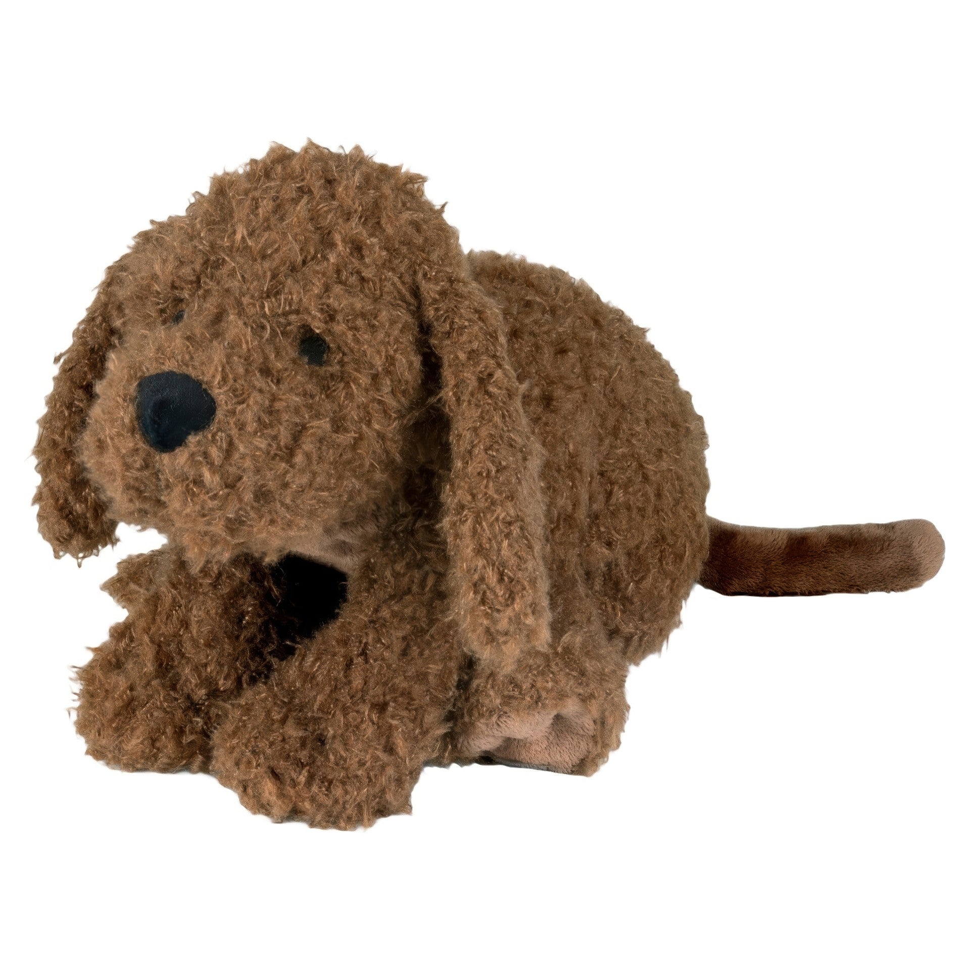 Happy Horse Labradoodle Larry size 2 dark brown curly plush stuffed dog laying down against a white background.