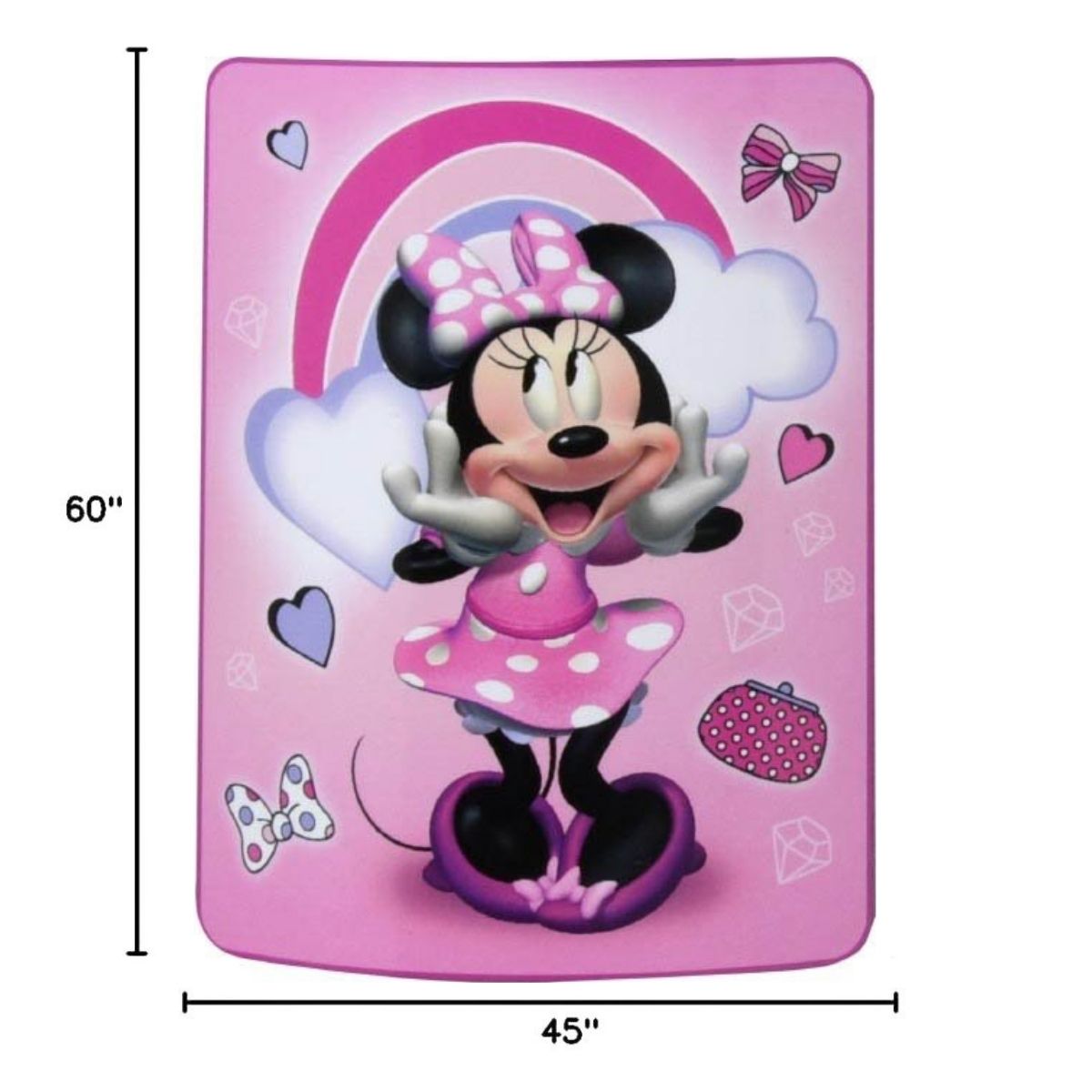 Sizing graphic for the Minnie Mouse blanket showing the full vibrant pink character design, indicating a total size of 45 inches wide by 60 inches long.