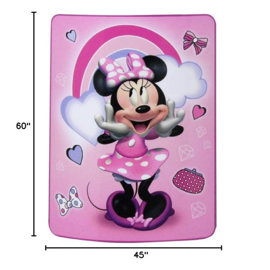 Sizing graphic for the Minnie Mouse blanket showing the full vibrant pink character design, indicating a total size of 45 inches wide by 60 inches long.