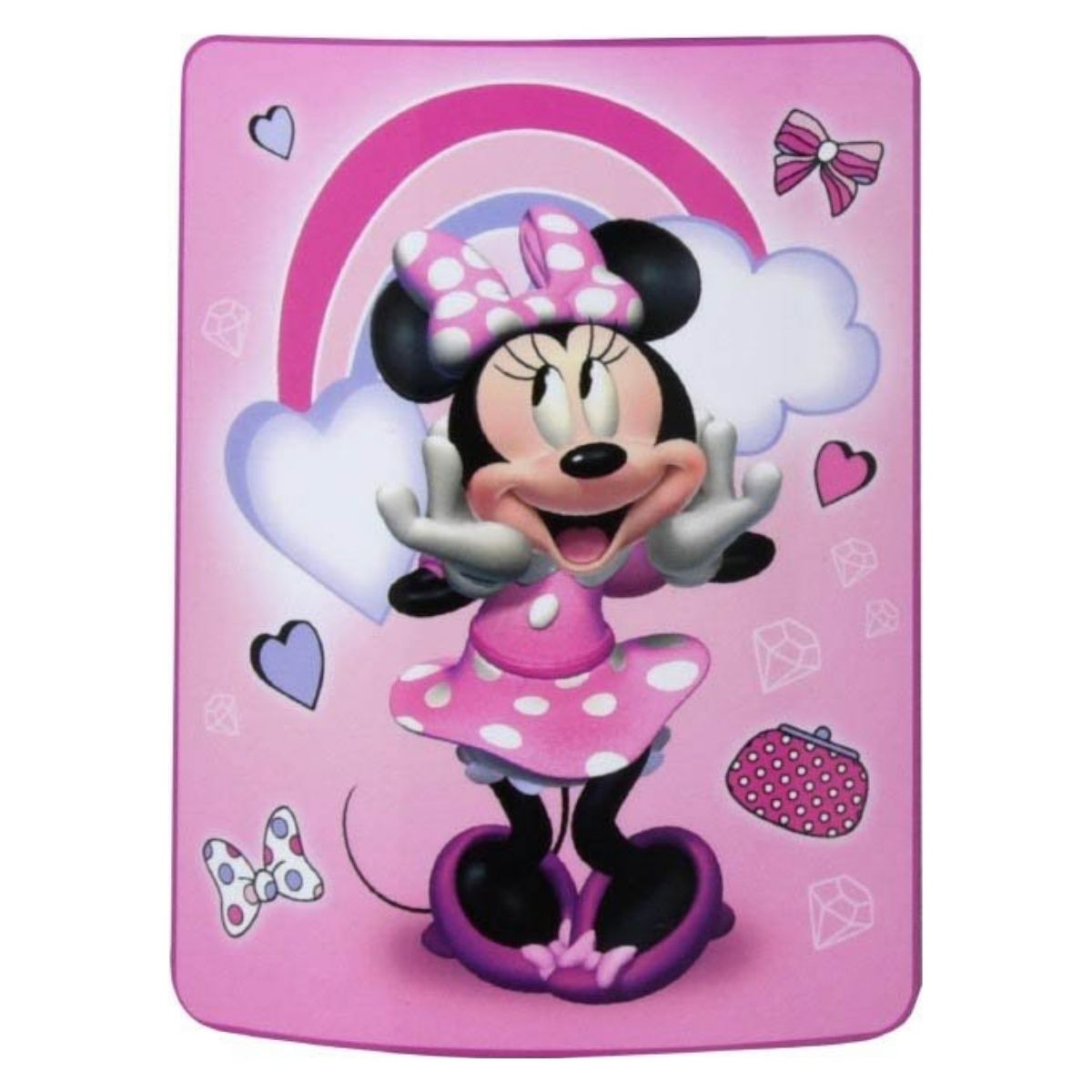 Main view of the fully unrolled Disney Minnie Mouse fleece throw blanket featuring a smiling Minnie in a pink polka-dot dress against a pink rainbow and heart background.