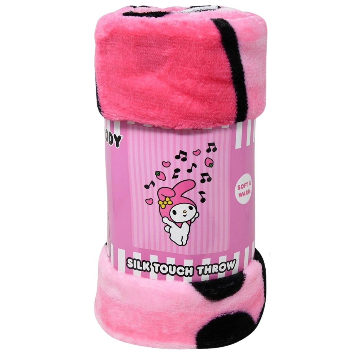 The My Melody throw blanket tightly rolled and packaged with a branded pink paper wrap.