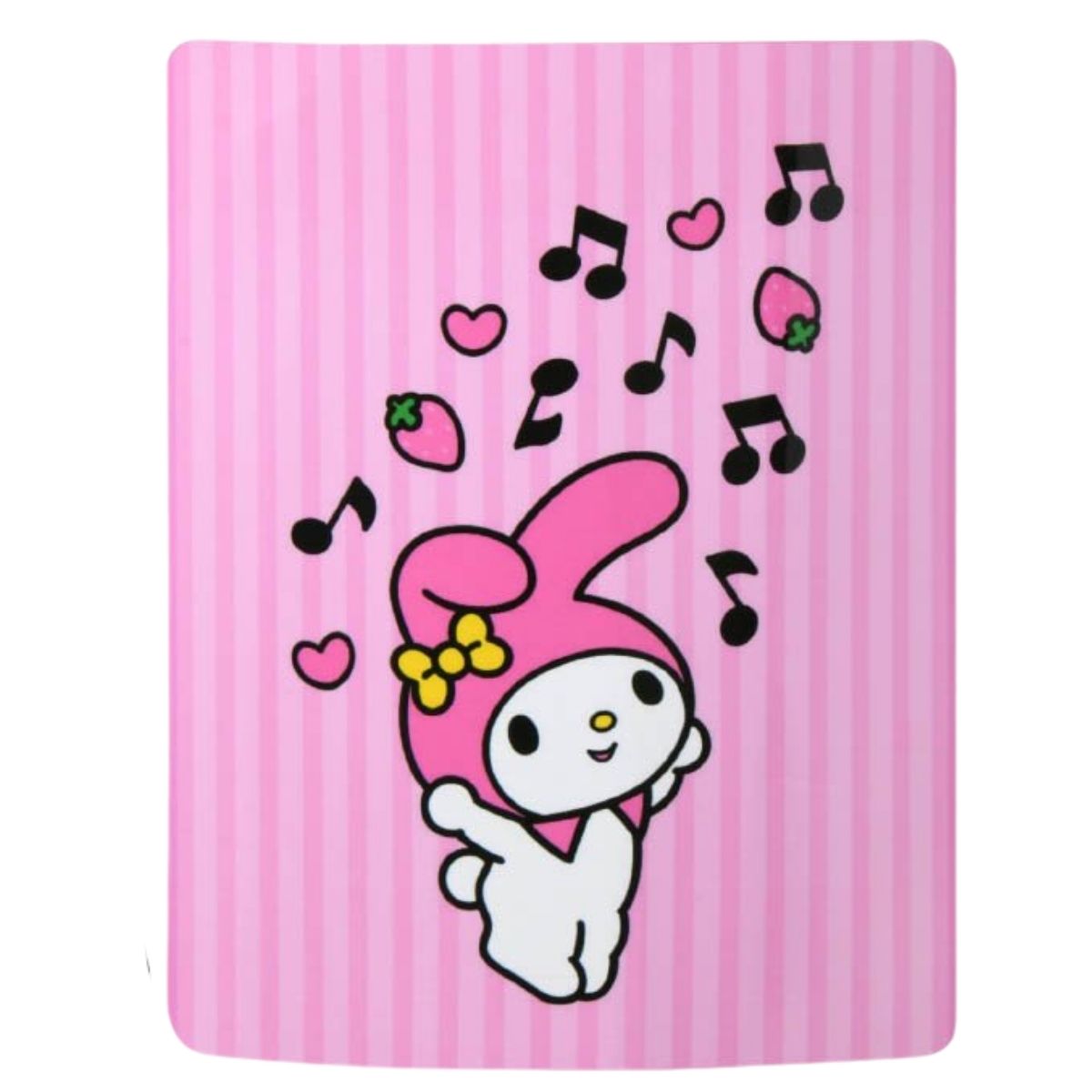 Full flat view of the Sanrio My Melody blanket featuring a pink striped background, floating musical notes, strawberries, and hearts.