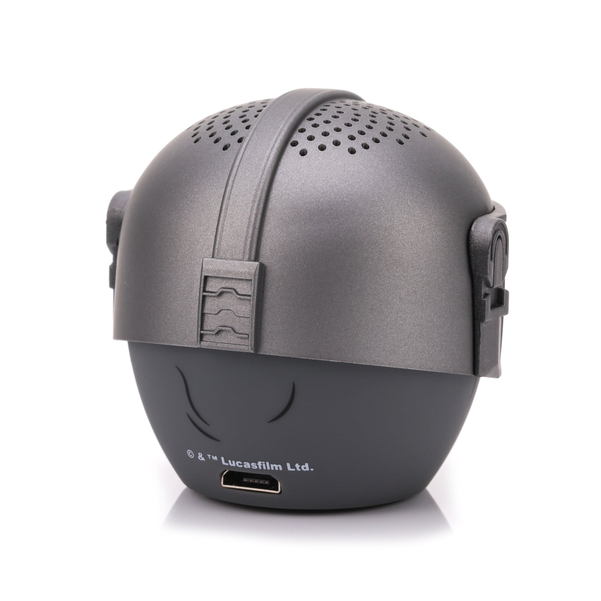 Back view of the Mandalorian Bluetooth speaker highlighting the helmet ridge detail and lower charging port.
