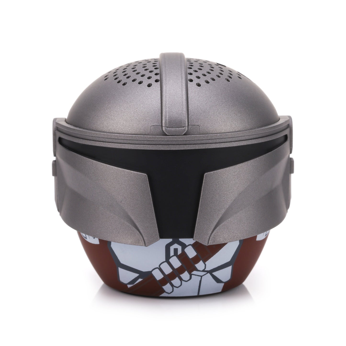 Front view of the Bitty Boomers Star Wars The Mandalorian mini Bluetooth speaker featuring his silver Beskar helmet with dark T-visor and brown bandolier.
