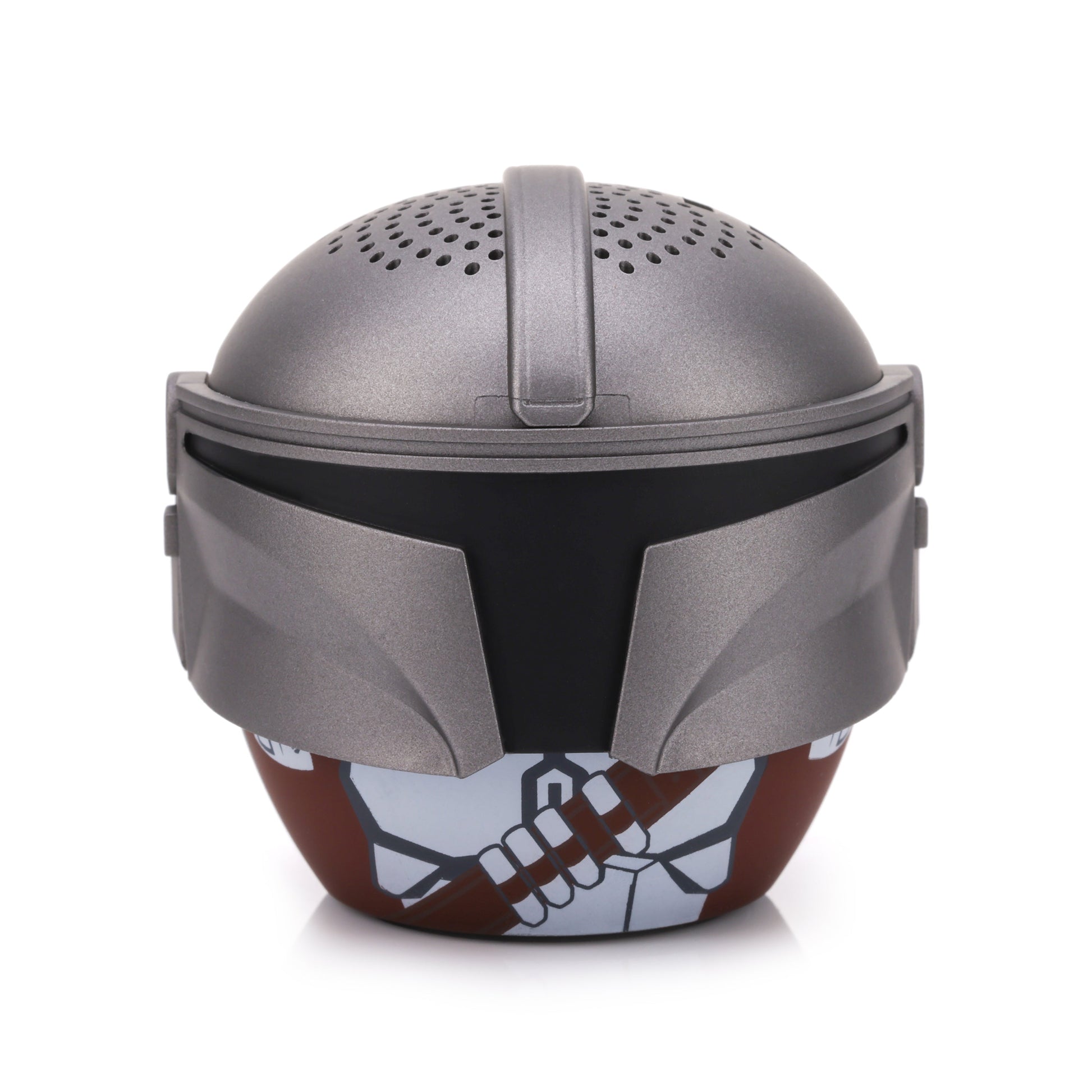 Front view of the Bitty Boomers Star Wars The Mandalorian mini Bluetooth speaker featuring his silver Beskar helmet with dark T-visor and brown bandolier.