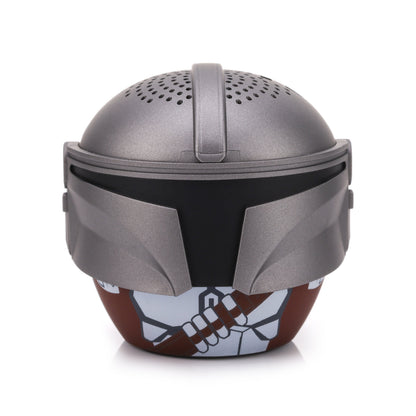 Front view of the Bitty Boomers Star Wars The Mandalorian mini Bluetooth speaker featuring his silver Beskar helmet with dark T-visor and brown bandolier.