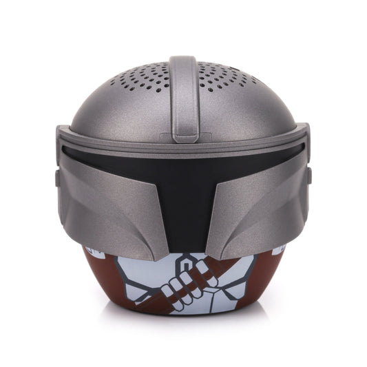 Front view of the Bitty Boomers Star Wars The Mandalorian mini Bluetooth speaker featuring his silver Beskar helmet with dark T-visor and brown bandolier.