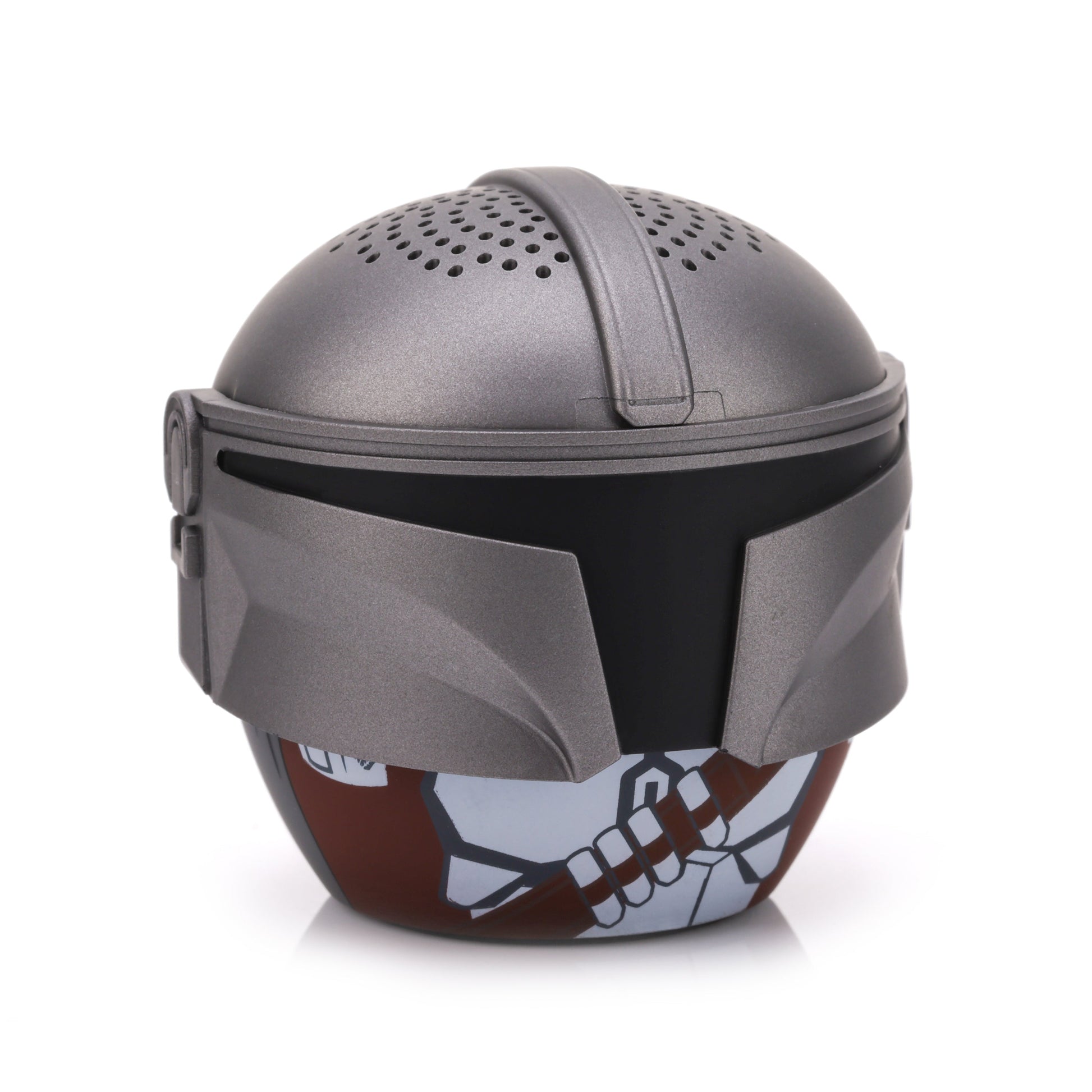 Angled left view of the Mandalorian mini speaker showing the side of his helmet and detailed chest armor.