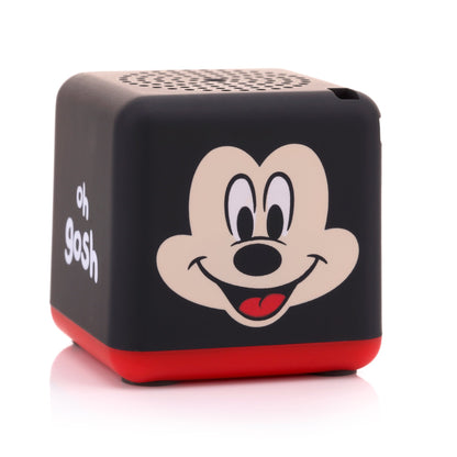 Front view of the black and red cube-shaped Bitty Boomers Disney Mickey Mouse Bitty Box mini Bluetooth speaker featuring his smiling face.