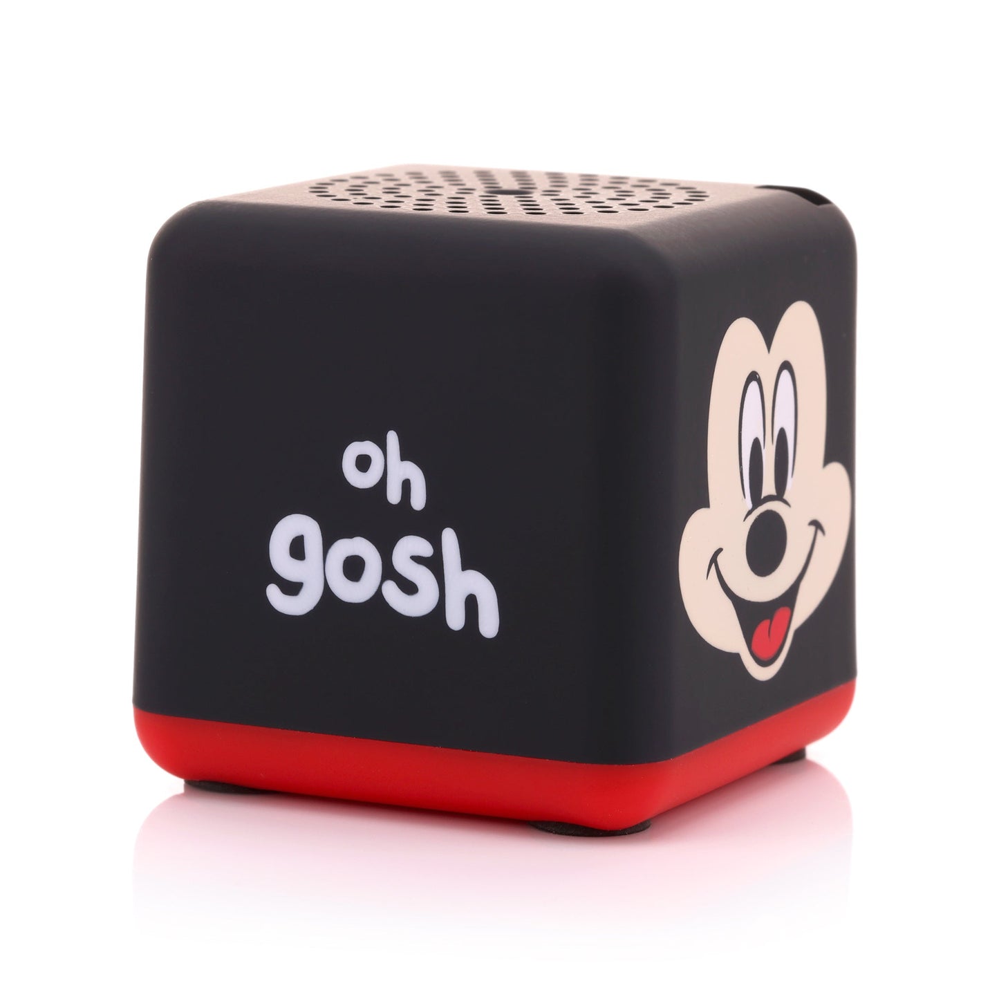 Angled left view of the square Mickey Mouse mini speaker showing the phrase 'oh gosh' written in white font.